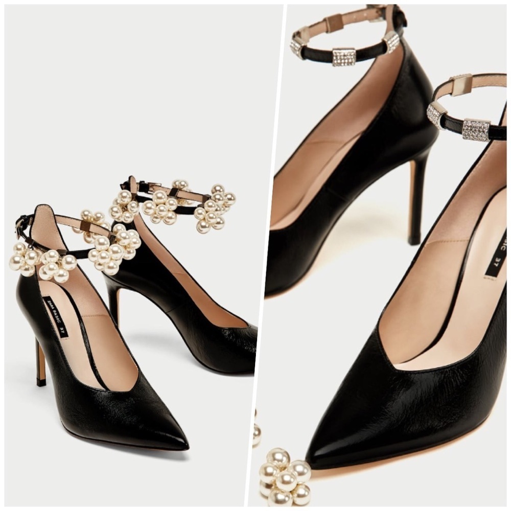 💎 ZARA Black Leather Court Shoes Beaded Ankle Strap Heels